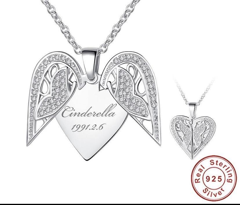 Custom Crystal Sterling Silver Heart Wings Necklace - Mirage Shimmer